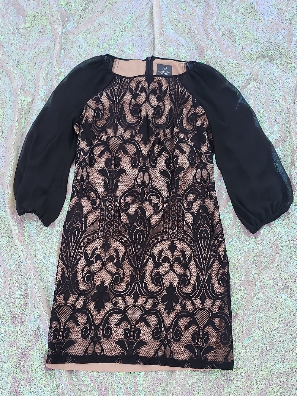 Adrianna Papell Black Lace Overlay Dress with Nude Lining! Women's 4 Stunning!!